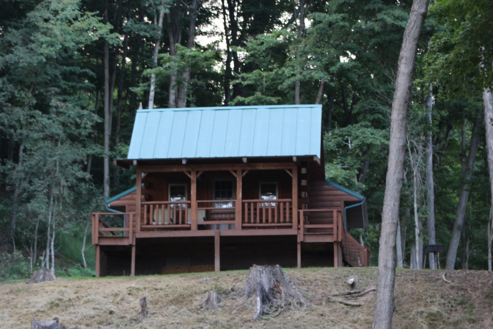 Cabin exterior at dusk